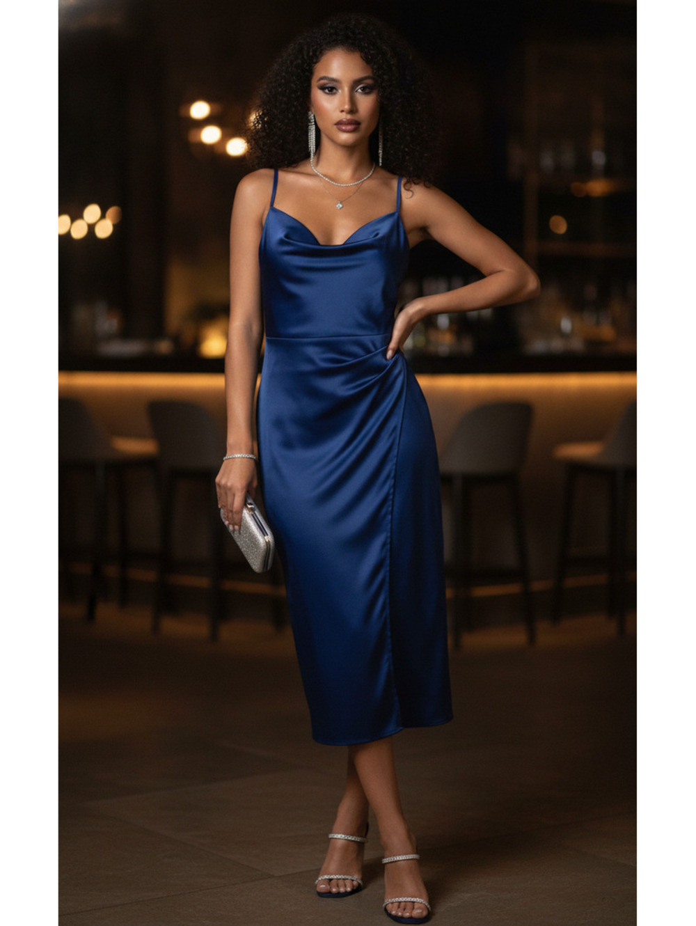 Verte EMMA SLIP DRESS Blue Satin Midi Slip Dress